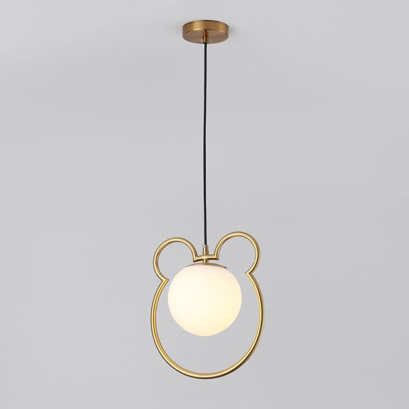 Nordic Minimalism Little Bear Lines Frame Hanging Light with White Glass Ball Shade Mini Pendant Fixtures for Bedside