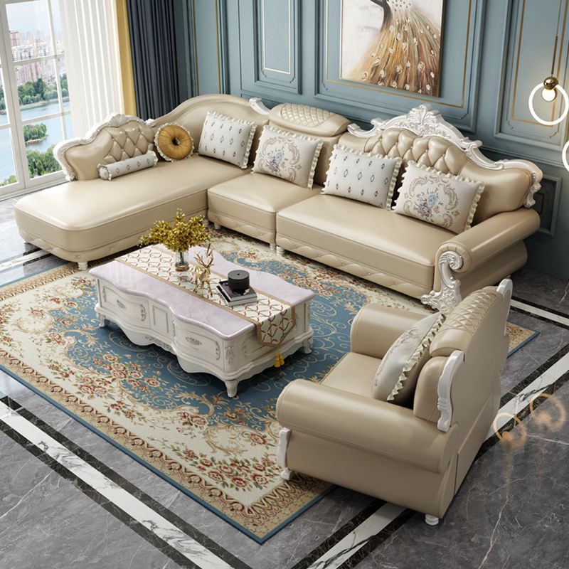 Tufted Scroll Arm Chesterfield Sofa and Chaise Genuine Leather Sofa with Pillows