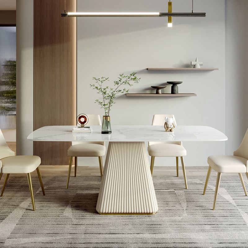 Stone Top Dining Table Rectangle Dining Table with Pedestal Base in White
