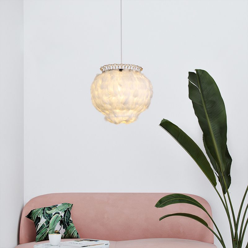 Globe Hanging Ceiling Lantern Minimalist Feather 3-Bulb White Pendant Light for Bedroom