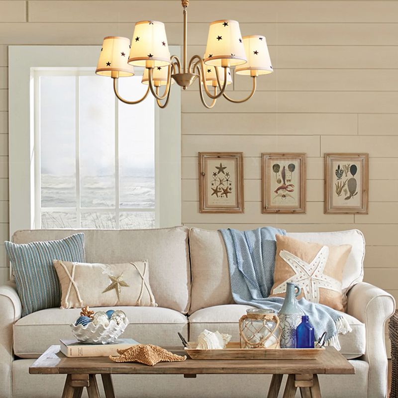 Traditional Style Chandelier Light Fabric Shade Brass Lighting Fixture for Living Room