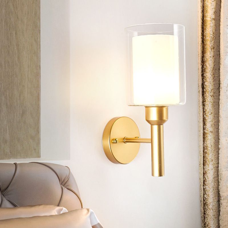 Metallic Single Bulb Wall Light, Golden Finish with Cylinder Shaped Glass Shade