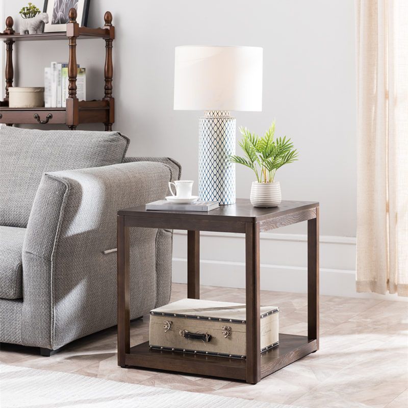 Farmhouse Wood Square Side Table Two-Tier Sofa End Table for Living Room