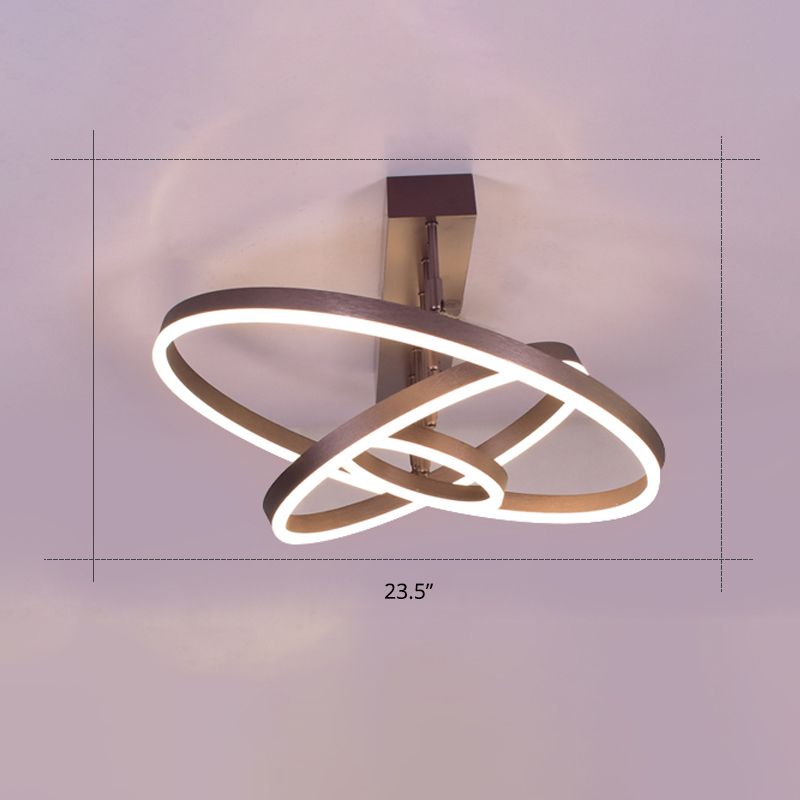Circular LED Semi Flush Mount Lighting Simplicity Metal Bedroom Ceiling Lamp in Coffee