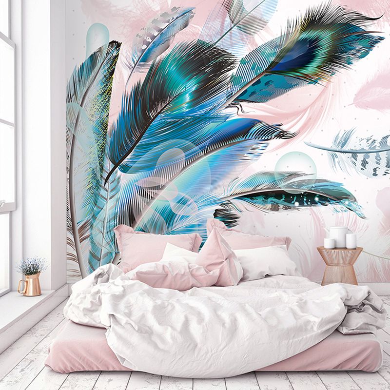 Elegant Feather Wall Mural for Living Room Chinese Traditional Wall Covering in Aqua, Made to Measure
