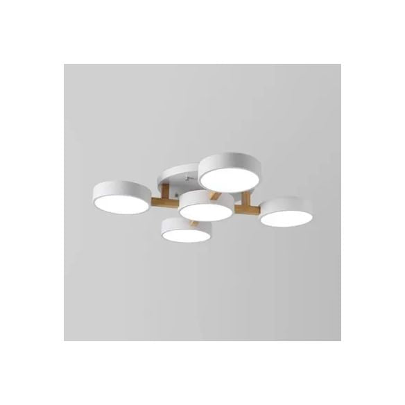 Living Room Drum Ceiling Light Wood Metal 5 Heads Macaron Loft Semi Flush Mount Light