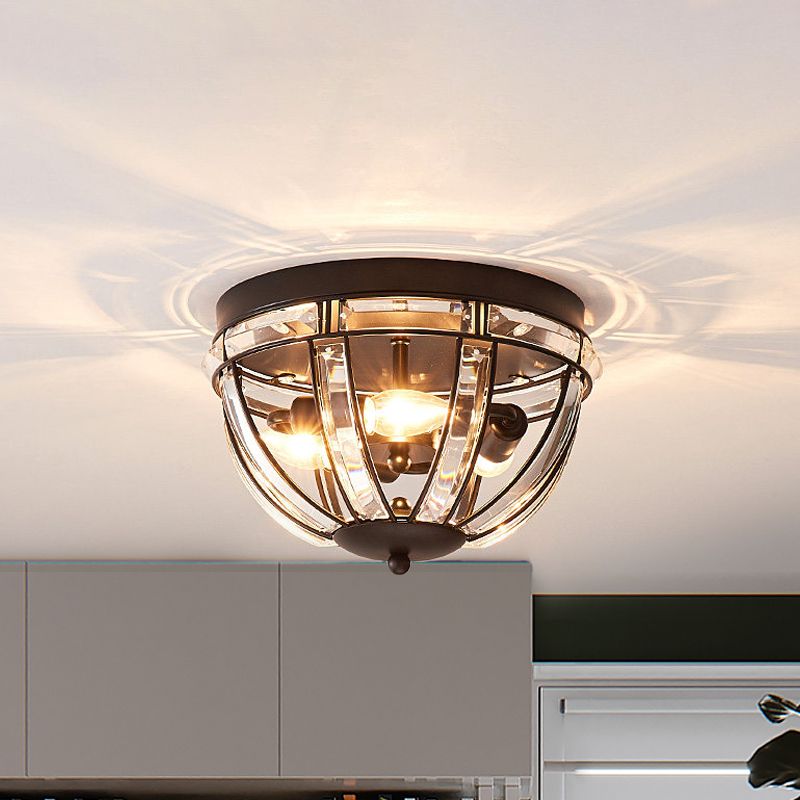 Dome Corridor Ceiling Fixture Rectangle-Cut Crystal 3 Bulbs Simplicity Flush Mount Light in Black/Gold