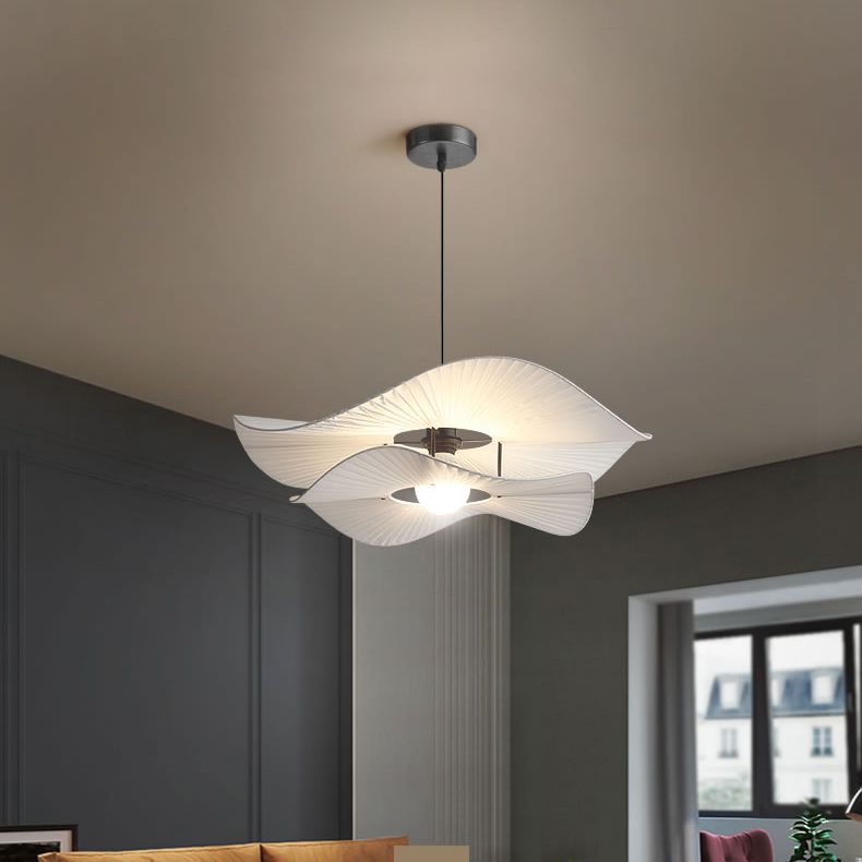 White Ruffled Suspension Lamp Minimalism 1 Bulb Fabric Pendant Light Fixture for Bedroom