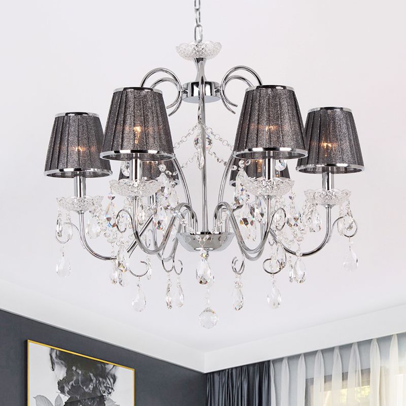 Candle-Style Chandelier Light Nordic 6-Bulb Clear K9 Crystal Ceiling Pendant Light with Pleated Fabric Shade in Grey