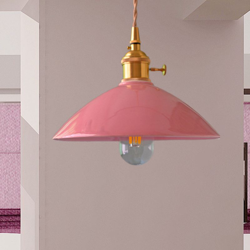 Dome Shade Iron Pendant Light Fixture Vintage Single Light Restaurant Hanging Ceiling Light in White/Pink/Blue