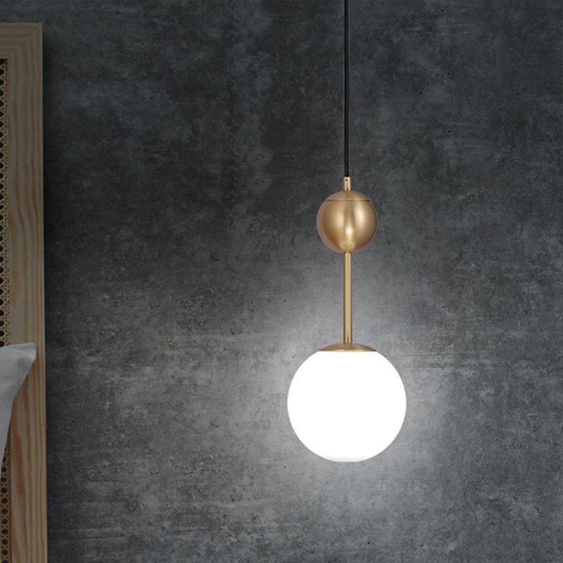 1 Head Bedroom Suspension Light Simple Brass Hanging Pendant with Spherical Milk Glass Shade