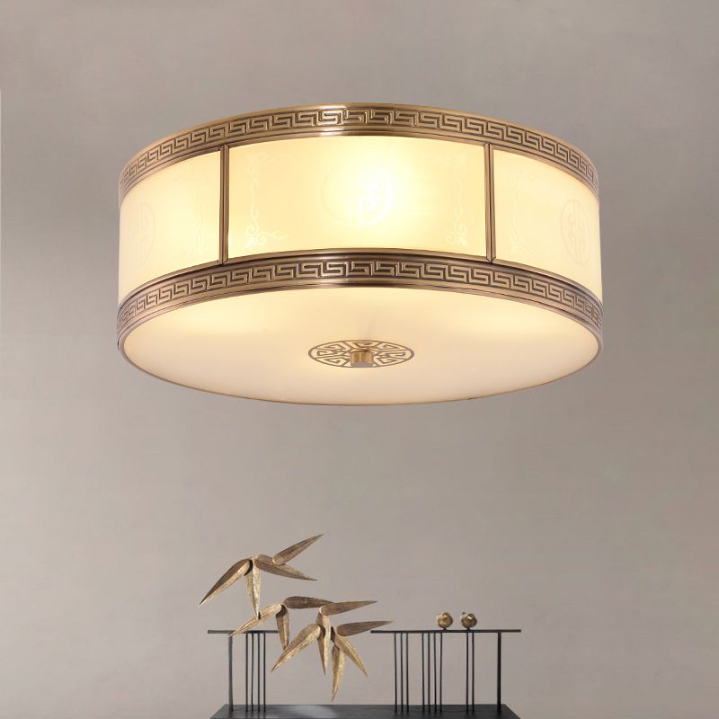 Traditional Copper Flush Ceiling Light Bedroom Flush Mount Lamp with Glass Shade