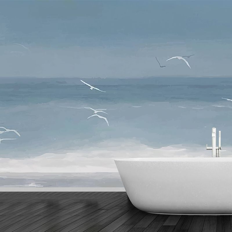 Tropical Gull Printed Mural Wallpaper Grey and Blue Sea Wall Covering for Accent Wall