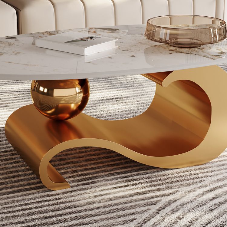 Stainless Steel Abstract Base Cocktail Table Oval Slate Top Coffee Table