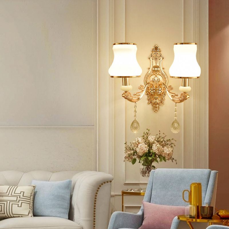 Gold Floral Wall Light Fixture Vintage Glass Living Room Wall Mounted Lamp with Crystal Accent