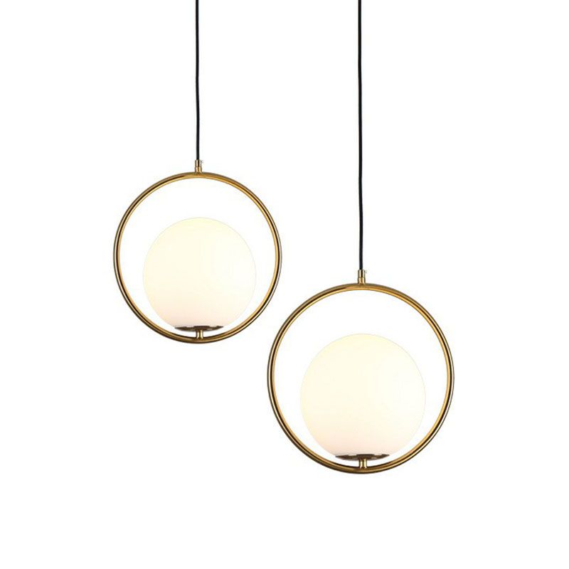 Globe Hanging Lamp Kit Postmodern Style White Glass 1-Head Gold Pendant Light for Restaurant
