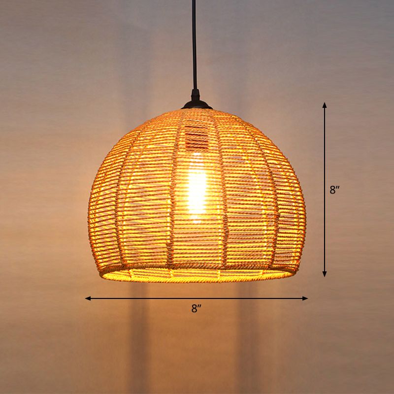 Single Cage Shade Pendulum Light Country Style Wood Rope Suspension Light for Restaurant