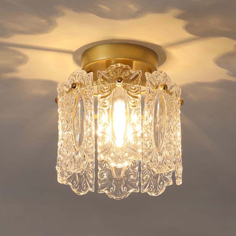 Drum Shape Flush Ceiling Lights Modern Style Glass 1 Light Flush Mount Fixture in Gold
