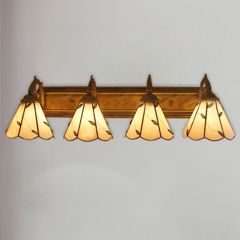 Stained Glass Leaf Wall Sconce Light Rustic Loft 4 Lights Bathroom Vanity Lighting in Beige