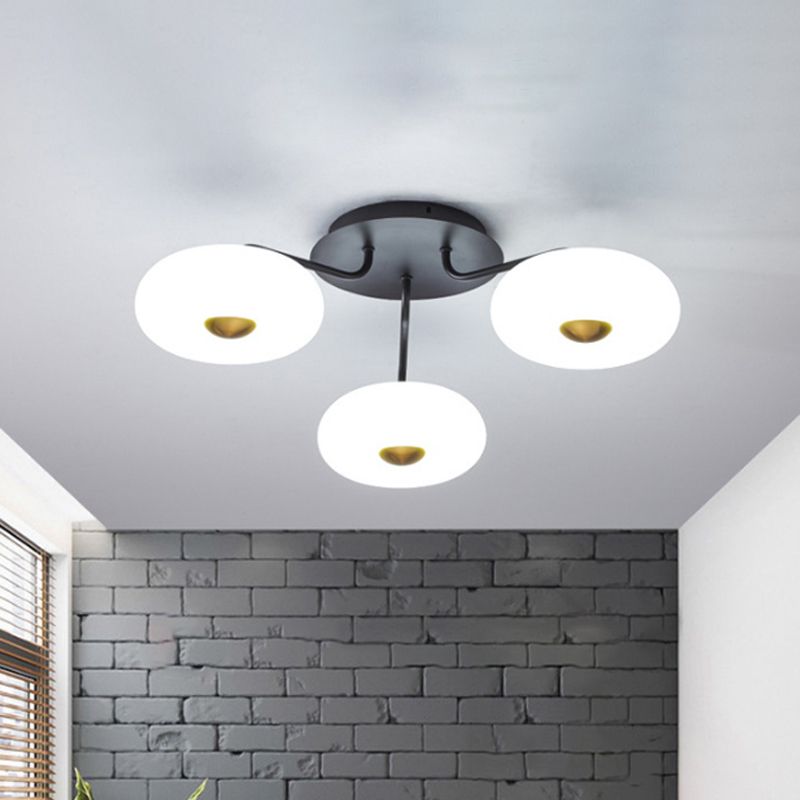 Black Branched Semi Flush Chandelier Modern 3 Bulbs Metal Ceiling Light with Round Acrylic Shade, White/3 Color Light