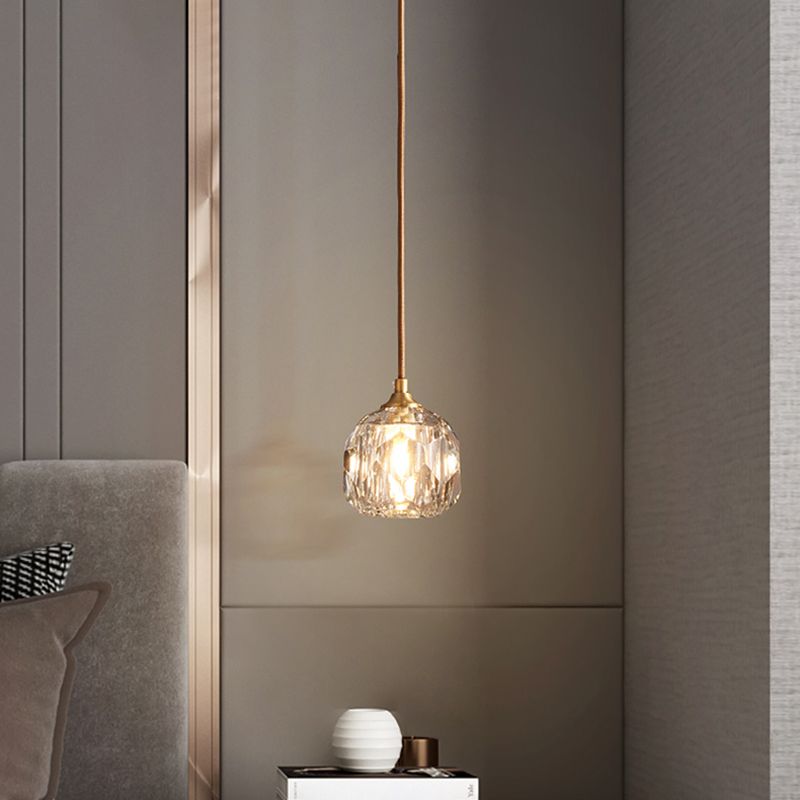 Gold Single Pendant Light in Modern Luxury Style Copper Globe Hanging Lamp with Crystal Shade