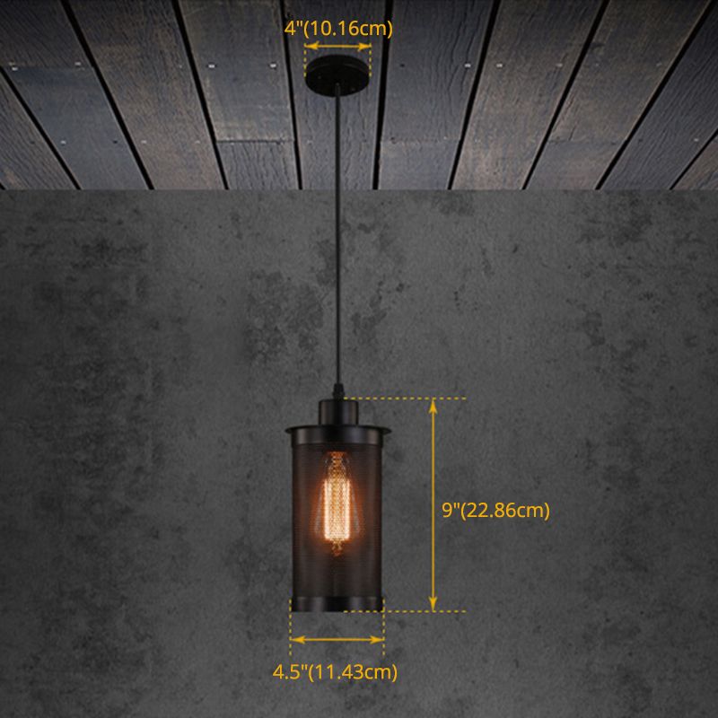 Black Cylindrical Iron Cage Hanging Light Retro Industrial Style Single Bulb Pendant Fixture