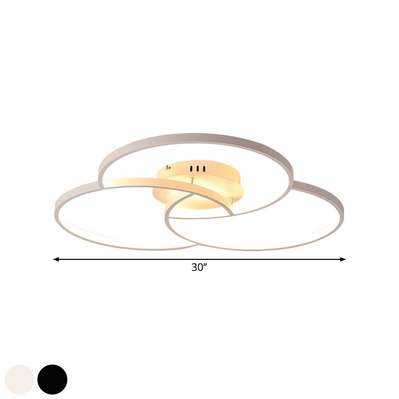 Intersecting Ring Semi-Flush Mount Modern Metal Black/White LED Ceiling Fixture in Warm/White Light, 21.5"/30" Width
