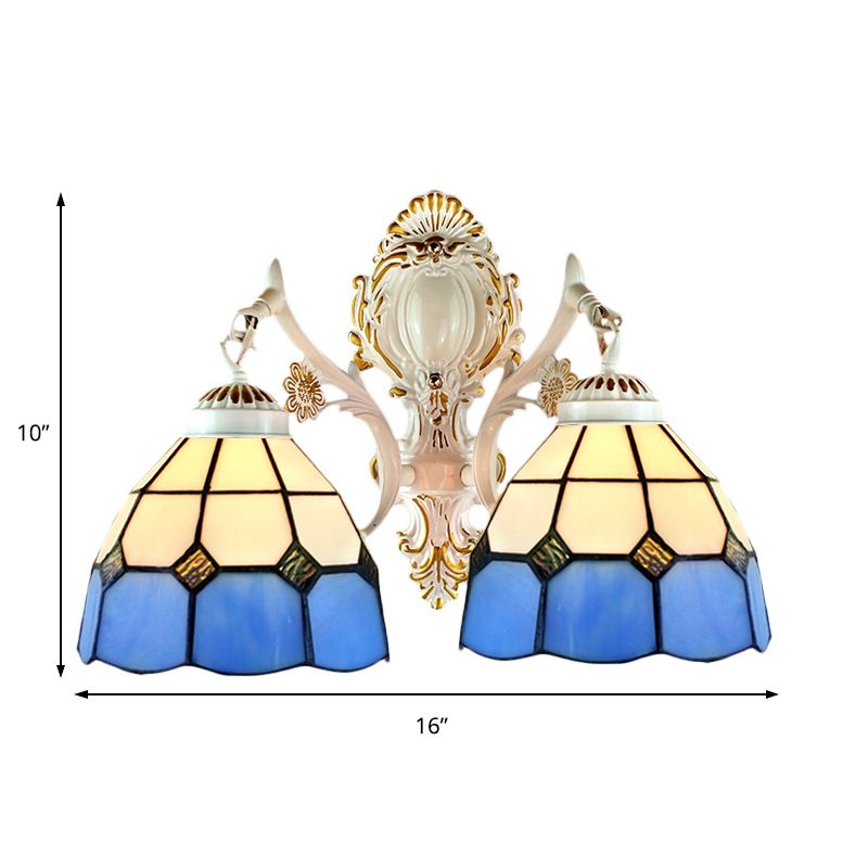 2 Lights Dome Shade Wall Lighting Lodge Stained Glass Wall Fixture Light in Blue for Corridor