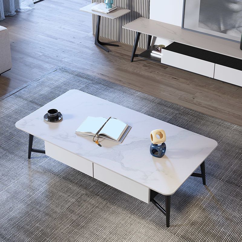 Modern Style Rock Slate Top White Gold/white/black Gold Metal Leg Coffee Table