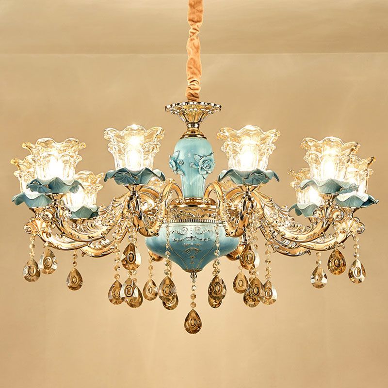Floral Blown Clear Glass Chandelier Lamp Minimalist Gold Suspension Pendant Light for Living Room
