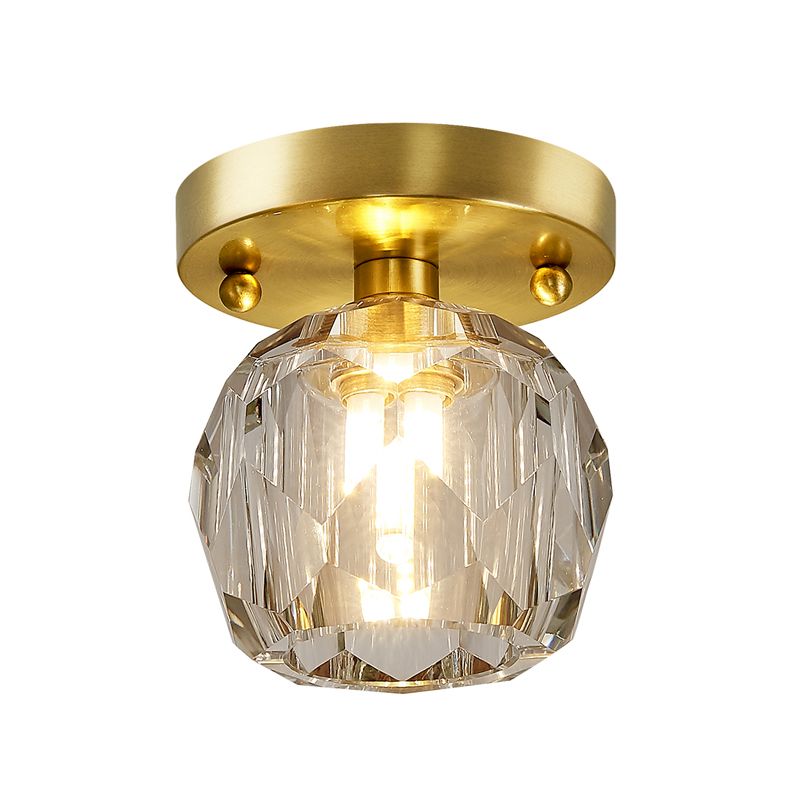 Faceted Crystal Globe Shade Semi Flush Mount Modern 1 Light Brass Ceiling Mounted Light