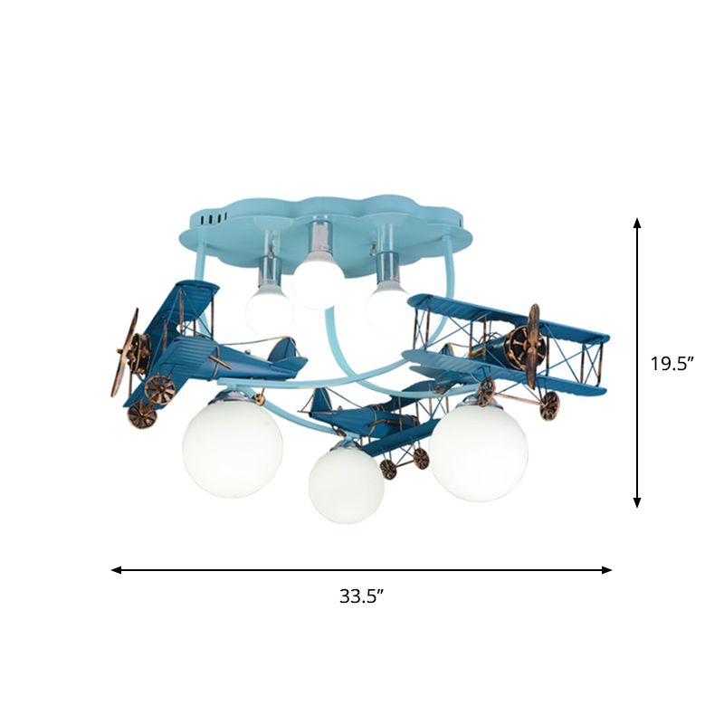 Wood Plane Flush Mount Ceiling Light Cartoon 6-Bulb Distressed Blue Flushmount with Bubble Milk Glass Shade