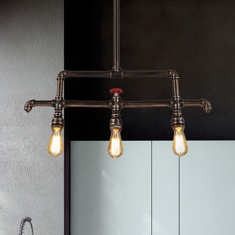3 Lights Linear Island Lighting Steampunk Bronze Metal Island Pendant Lamp with Pipe and Valve Decoration