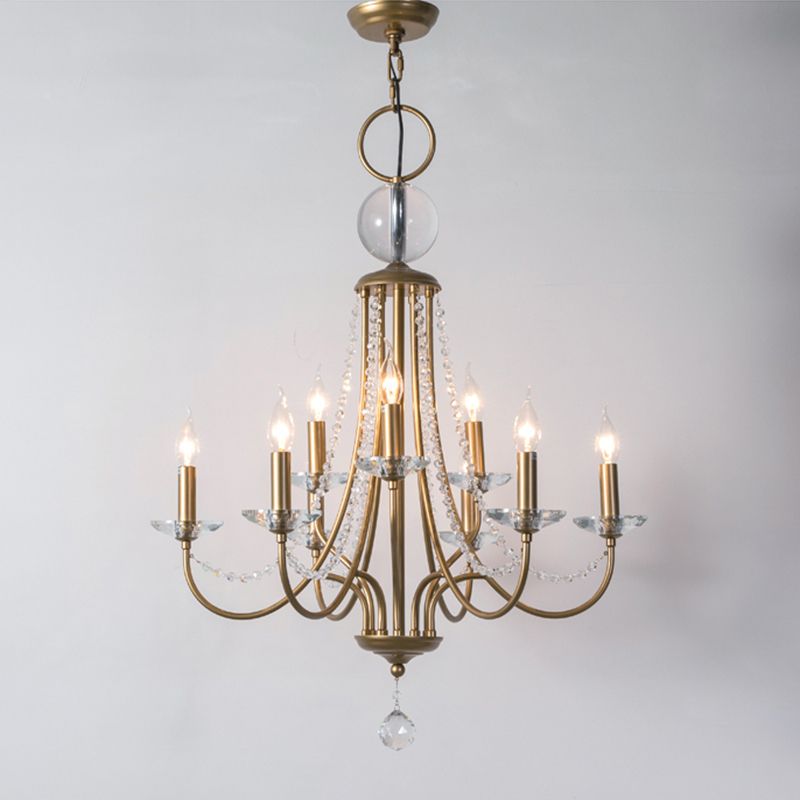 Country Style Candlestick Chandelier Metallic Hanging Light Kit with Crystal Strand
