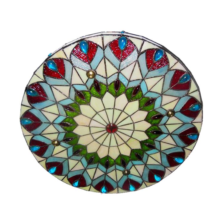 Plafonnier en verre teinté style Tiffany, luminaire encastré à tambour à 3 lumières avec paon et bijou