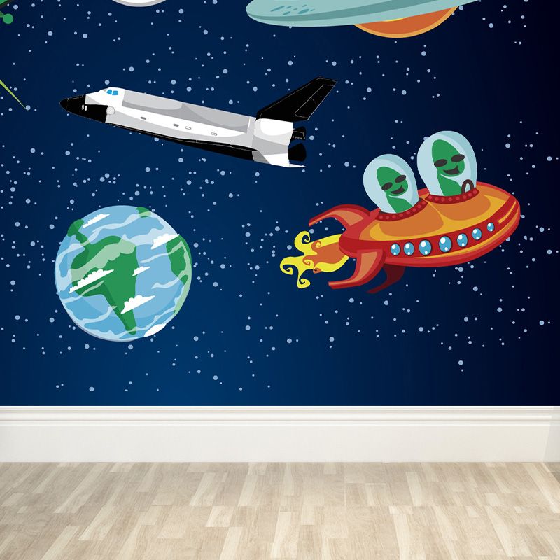 Dark Color Spacecraft Mural Wallpaper Universe Kids Moisture Resistant Wall Covering