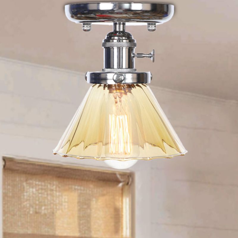 1 Bulb Semi Flush Mount Cone/Bell/Rhombus Industrial Clear/Amber Glass Ceiling Light in Chrome