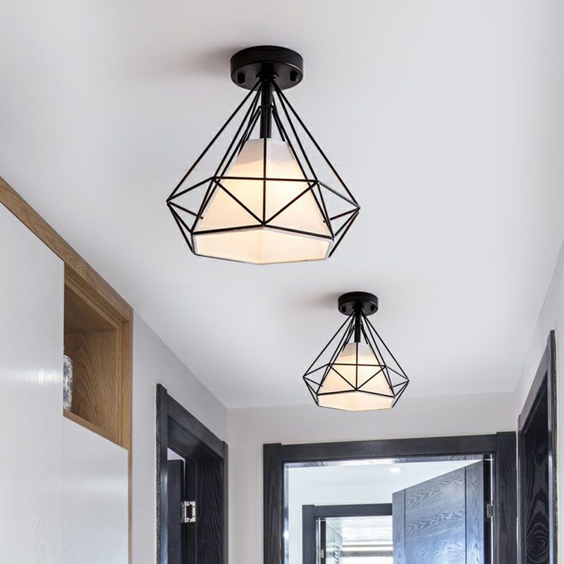 Iron Diamond Cage Semi Flush Light Simplicity Single Corridor Flush Ceiling Light Fixture