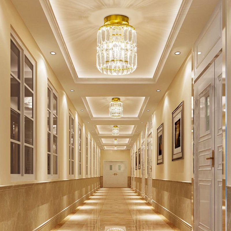 Corridor Cylinder Shade Semi-Flush Mount Light Crystal Modern Style Ceiling Light Fixture in Clear