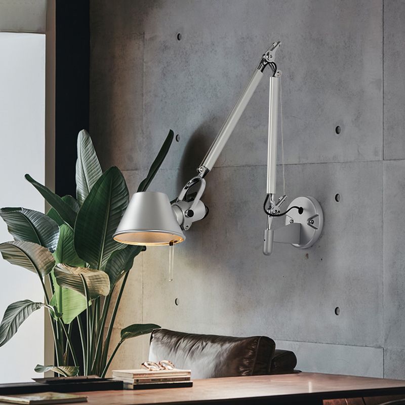 Silver Conical Wall Mount Sconce Vintage Metallic 1 Bulb Living Room Wall Light with Swing Arm