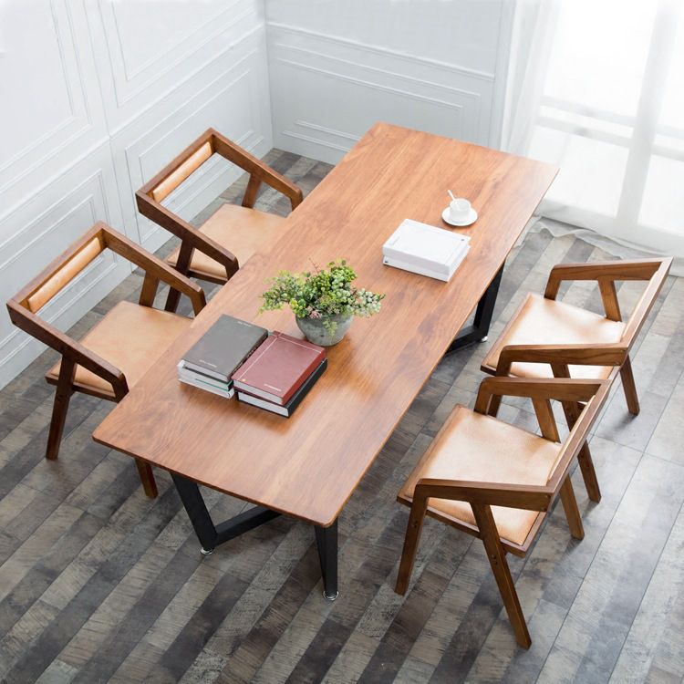 Pine Wood Top Dining Table Rectangle Industrial Table with Trestle Base