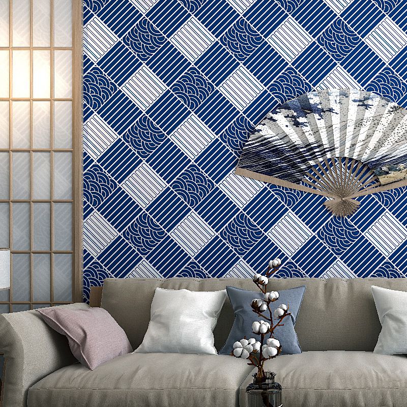 Japanese Ukiyoe Wallpaper Square and Stripes Non-Pasted Wall Covering, 31 ft. x 20.5 in, Blue and White