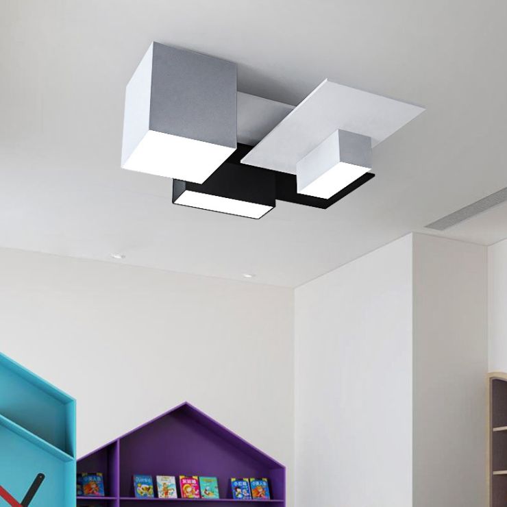 Plafonnier LED noir et blanc en fer de simplicité moderne, plafonnier géométrique avec abat-jour en acrylique