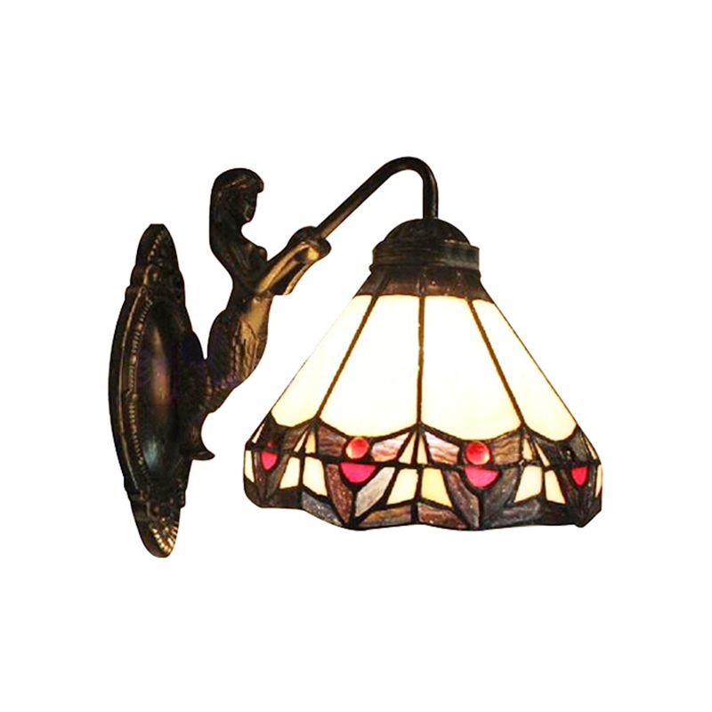 Beige Glass Cone Wall Mounted Light Tiffany 1 Head Antique Bronze Sconce Light for Hallway