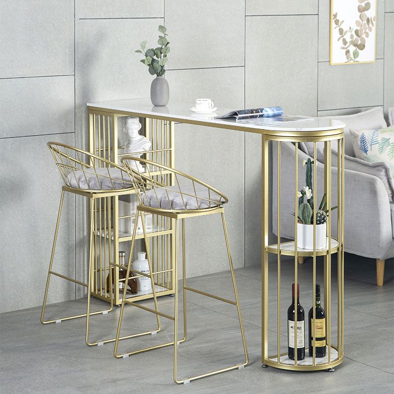 Marble Indoor Glam Bar Dining Table Gold Iron Double Pedestal Bistro Table with Shelve