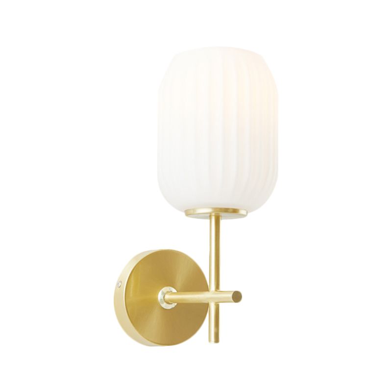 1 Light Bedside Wall Light Fixture Simple Gold Wall Sconce with Lantern Cream Glass Shade