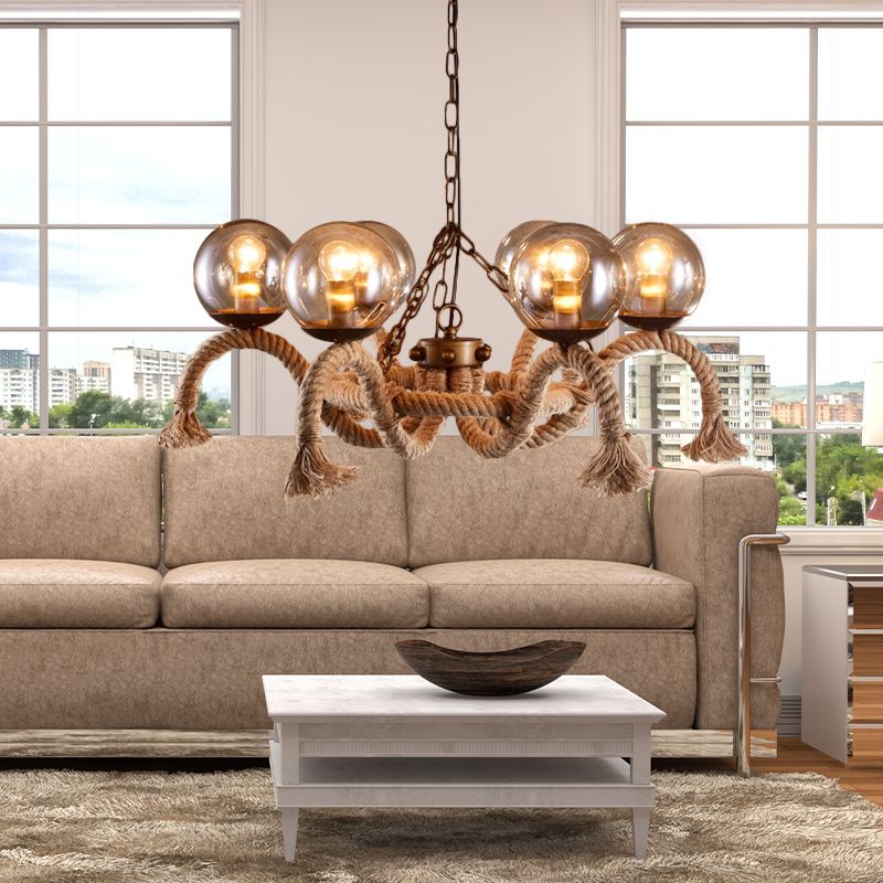 6 lumières Global Chandelier Lighting Retro Rust Finish Finish Rope Suspension Light With Smoke Grey Grey Glass Shade