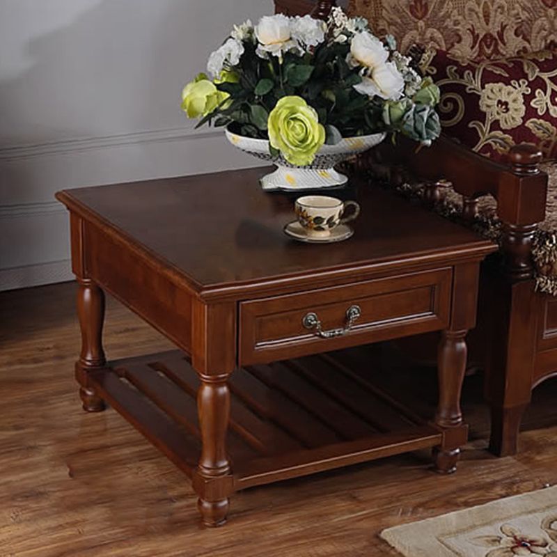 French Country Wood End Table Double Tier Square Sofa Side Table with Storage