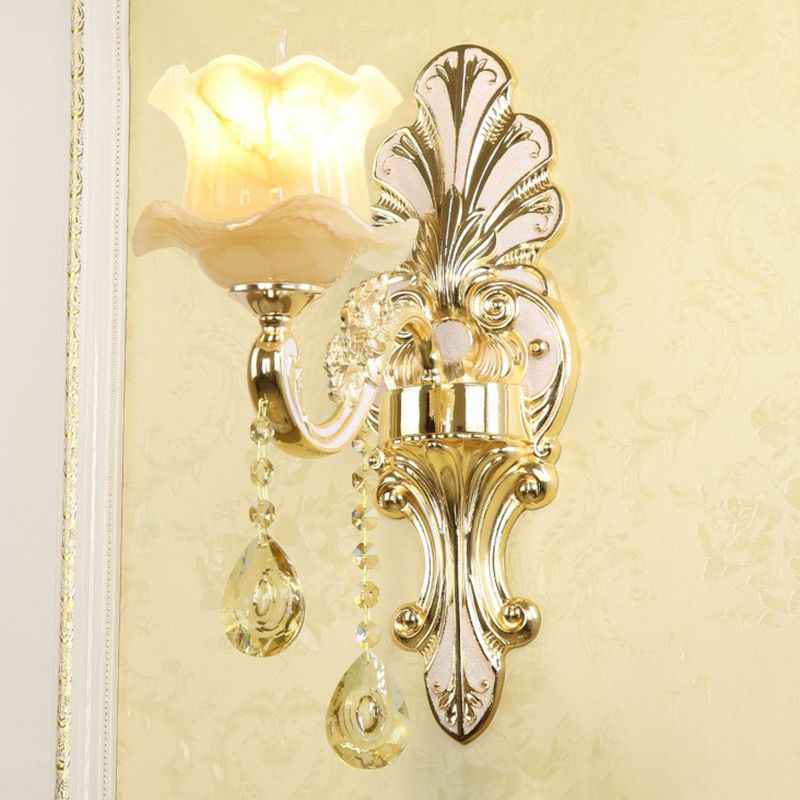 Classic Flower Wall Lamp Faux Jade Frosted Glass Wall Sconce with K9 Crystal Drops in Silver