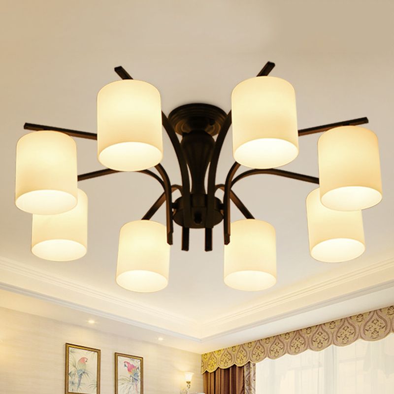 3/5/6 Lights Semi Flush Mount Traditional Cylinder Frosted Glass Ceiling Light in Black for Bedroom